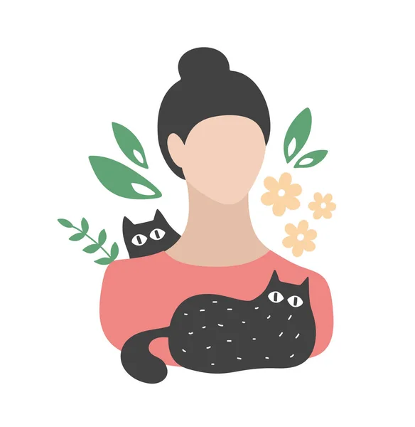 Linda mujer joven con encantadores gatos negros domésticos  . — Vector de stock