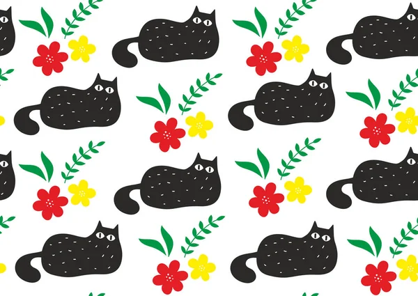 귀여운 검은 고양이 anr 다채로운 꽃과 원활한 패턴. — 스톡 벡터