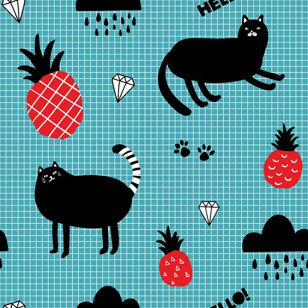 Papier peint sans fin avec ananas rouges et chats noirs . — Image vectorielle
