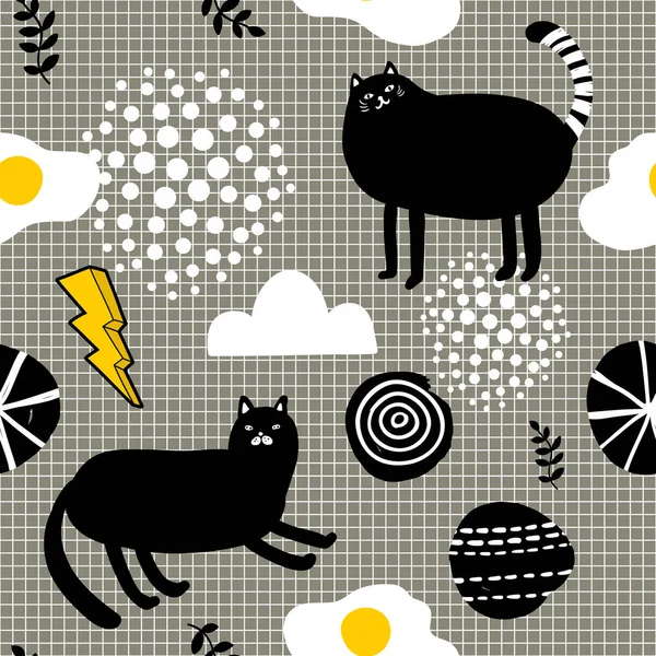 Siyah kediler ve beyaz bulutlar ile İskandinav tarzında dikişsiz desen. — Stok Vektör