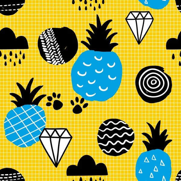 Seamless pattern with blue pineapples on striped yellow background.