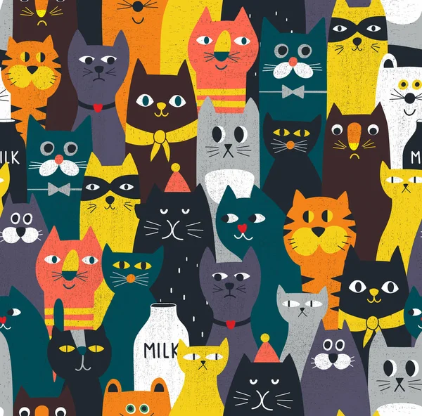 Fantastici gatti modello senza soluzione di continuità. Sfondo colorato senza fine con folla di animali domestici e selvatici . — Vettoriale Stock