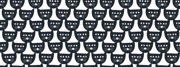 Simple cat faces seamless pattern in black and white colors. — Stock Vector