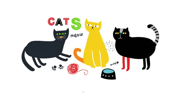 Impresión creativa con lindos gatos coloridos dibujados a mano en estilo escandinavo de dibujos animados . — Vector de stock