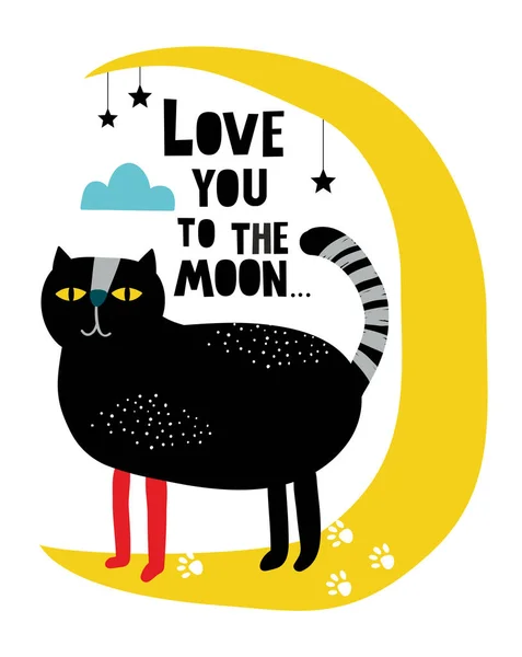 Creatieve moderne print met kat op de maan in Scandinavische stijl. — Stockvector