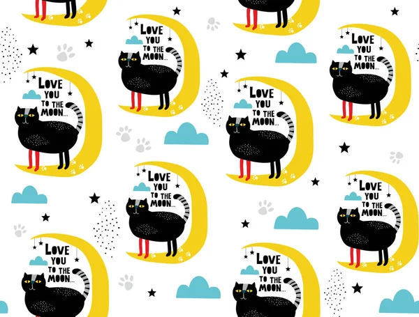 Sömlöst mönster med svarta katter och romantiska budskap. — Stock vektor
