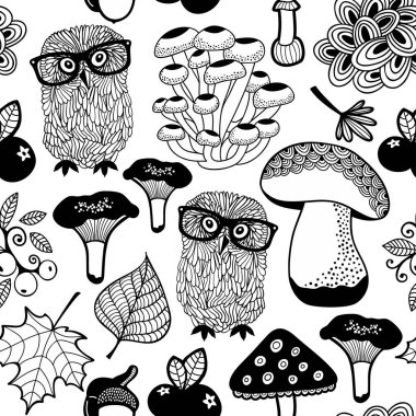 Baykuş ve mantarlı, kusursuz yaz ormanı deseni. Siyah ve beyaz, bitmeyen çiçekli duvar kağıdı..