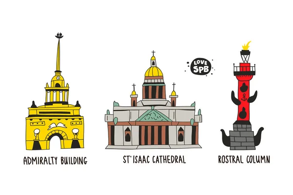 Kolekcja Słynnych Budynków Petersburgu Rosja Druk Wektorowy Pocztówkę Lub Plakat — Wektor stockowy