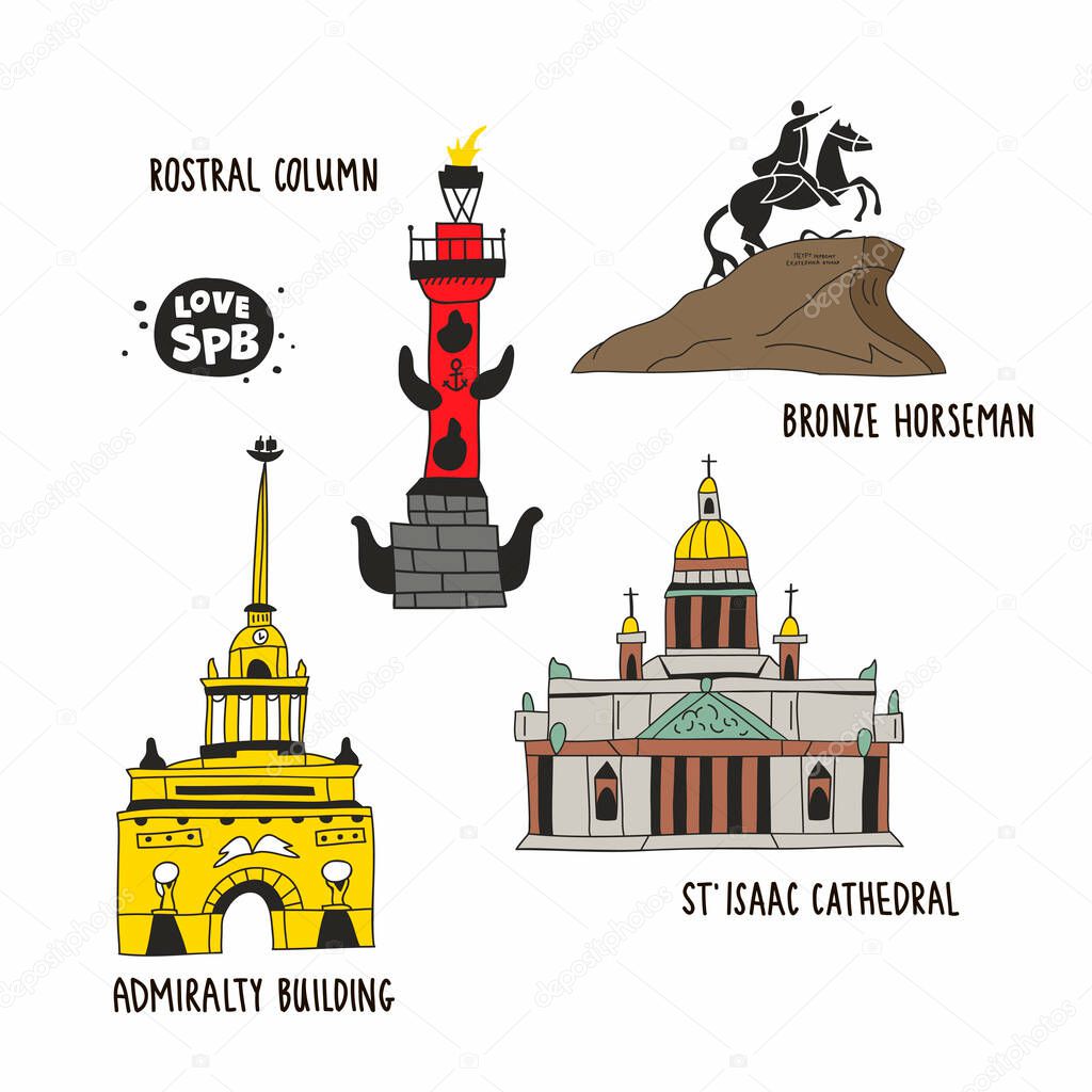 Admiralty building, bronze horseman, saint isaac cathedral and rostral column from Saint Petersburg. Hand drawn style of isolated buildings. Souvenirs illustration from Russia.
