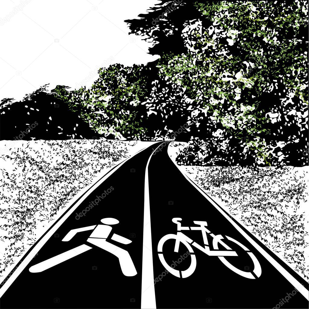 Path for cycling and walking, summer, meadow and forest, black vector image with elements of color, on a white background