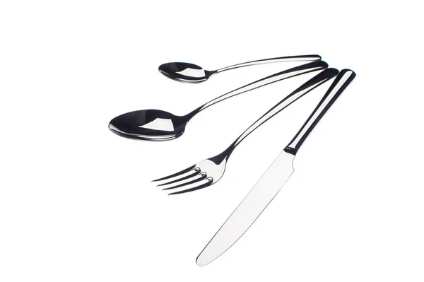 Conjunto de tenedor, cuchillo y cucharas aisladas en blanco . — Foto de Stock