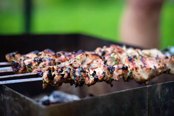 Saftiga skivor av kött förbereder sig på elden. Grill — Stockfoto