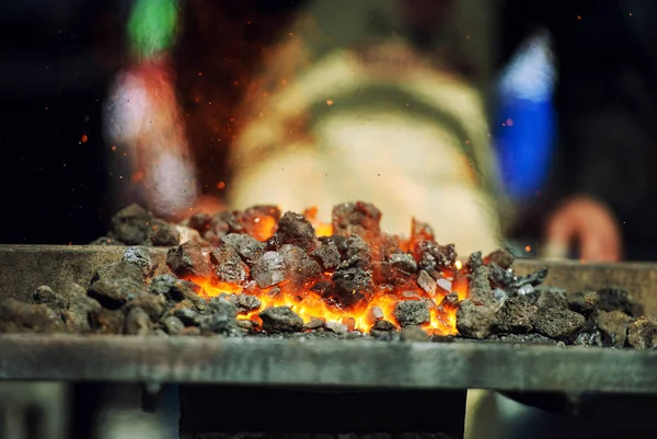 Old fashioned blacksmith furnace with burning coals — Stock Photo, Image