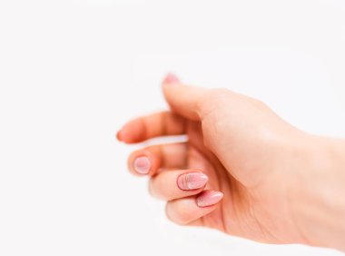 Nails Design. Hands With Bright Nude Manicure On Grey Background. Close Up Of Female Hands. Art Nail.