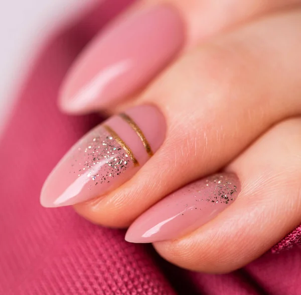Nails Design Hands Bright Nude Manicure Grey Background Close Female — Stok fotoğraf