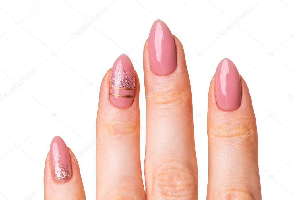 Nails Design. Hands With Bright Nude Manicure On Grey Background. Close Up Of Female Hands. Art Nail.