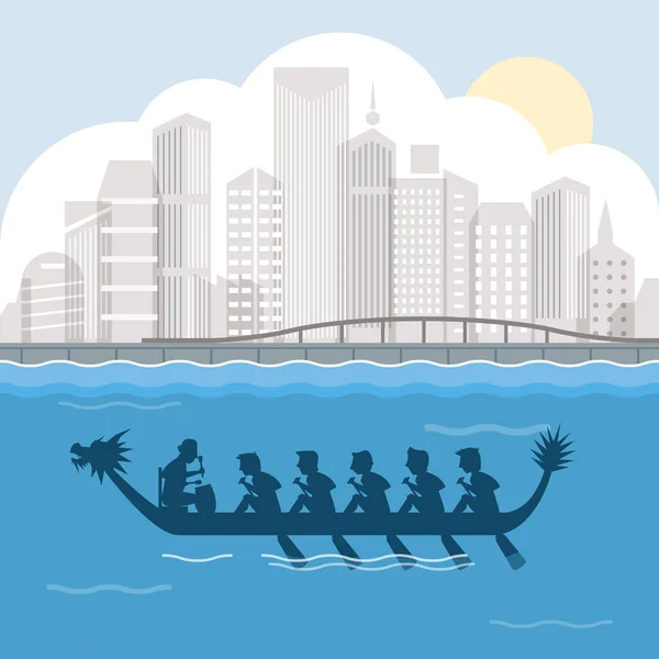 Dragon Boat City Harbour Vector Illustration — Stock Vector