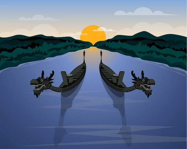 Pair Dragon Boats Natural Scene Background Illustration — Stock Vector
