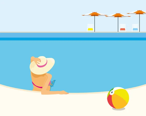 Resort Yüzme Havuzunda Rahatlatıcı Kadın Zevk Güneş Banyosu — Stok Vektör