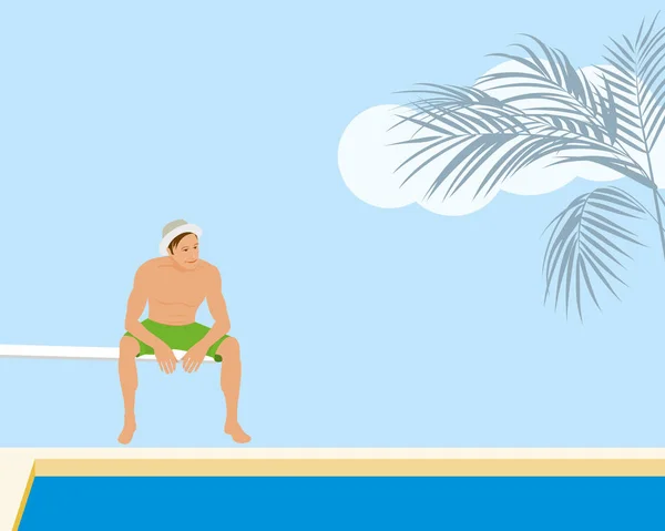 Resort Yüzme Havuzunda Sıçrama Tahtası Üzerinde Oturan Adam — Stok Vektör