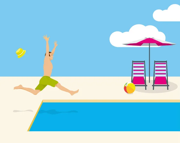 Jonge Man Springen Een Tropisch Zwembad Terwijl Vakantie Tropische Resort — Stockvector