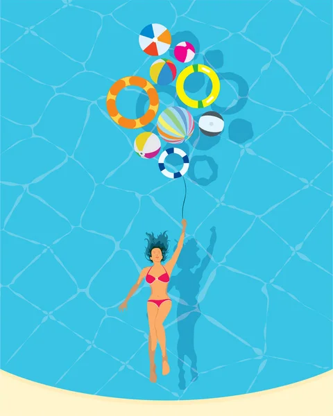 Relax Young Woman Colorful Swim Ring Beach Ball Resort Swimming — Stock Vector