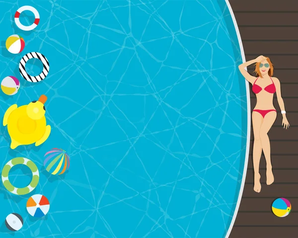 リラックス リゾートのスイミング プール側でカラフルな水着のリングのビーチボールを持つ若い女性 上から高いビュー — ストックベクタ