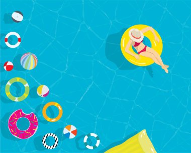 Renkli yüzmek yüzük plaj topu resort yüzme havuzunda genç kadınla sakin ol