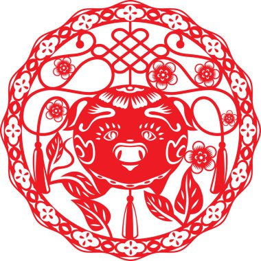 Çin kağıt çizimde şanslı domuz yılı tarzı Çince yıl 2019 için kesmek.