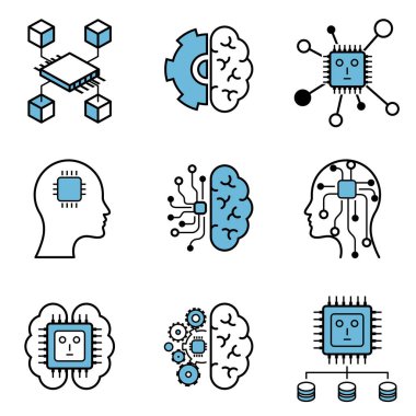 Bilgisayar öğrenme ve yapay zeka vektör tasarım illüstrasyon simge tasarım seti