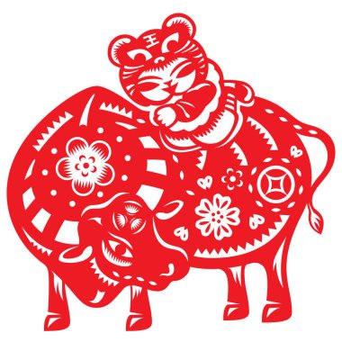 OX vektör illüstrasyonunun kağıt kesim stili Çin Yılı, ineğe binen Çin bebeği.