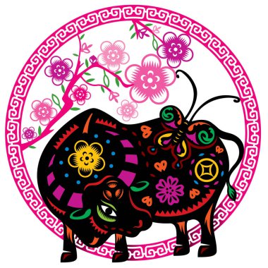 Kağıt kesme biçiminde OX vektör illüstrasyonunun Çince yılı