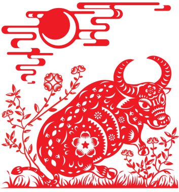 Çin Kırmızı Öküz Yılı vektör illüstrasyonunda kağıt kesme stili