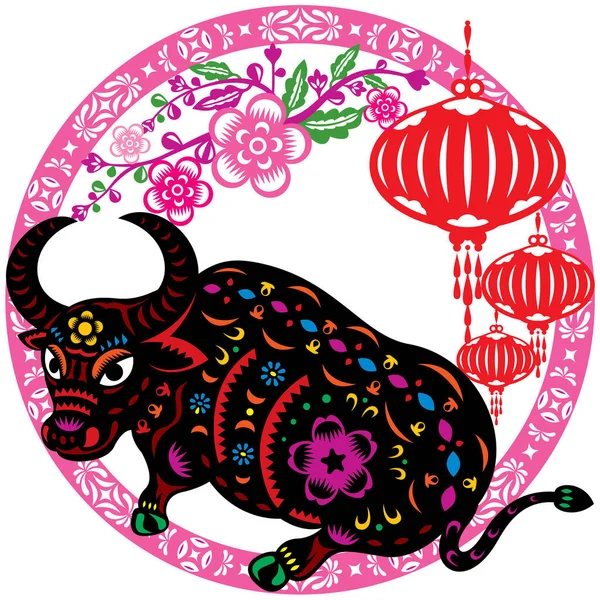 Китайский Год Полноцветной Векторной Иллюстрации Bull Стиле Резки Бумаги — стоковый вектор