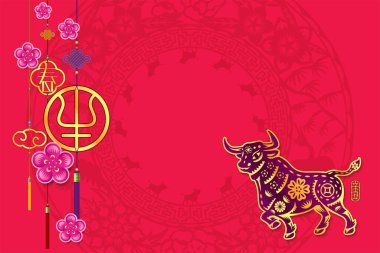 Kırmızı zemin üzerinde soyut sanat öküzü zodiac grafik vektör illüstrasyonuyla öküz yılı