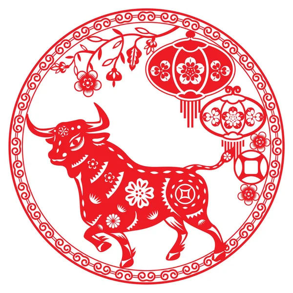 Chinese Year Bull Vector Illustration Paper Cut Style — Stock Vector