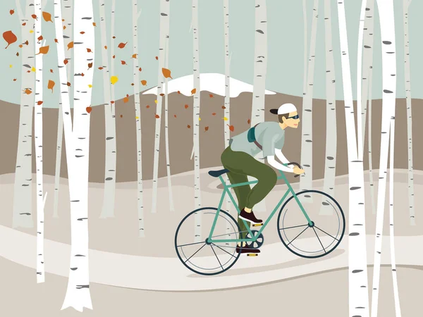 Man Riding Bicycle Winter Birch Forest Background Vector Illustration Design — Stock Vector