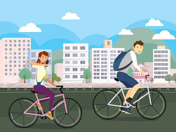 市内の公園道路で自転車に乗るカップルの背景ベクトルイラストデザイン — ストックベクタ