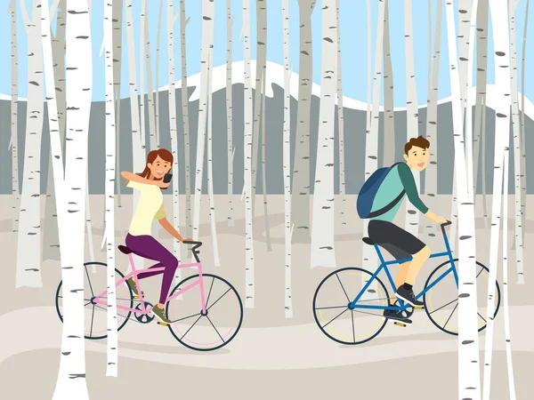 Ein Paar Reitet Ein Fahrrad Winter Birkenwald Hintergrund Vektor Illustration — Stockvektor