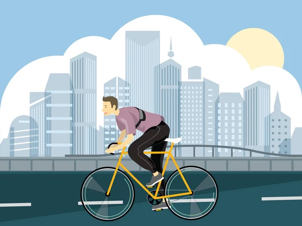 Hombre Montando Una Bicicleta Una Carretera Parque Horizonte Ciudad Vector — Archivo Imágenes Vectoriales