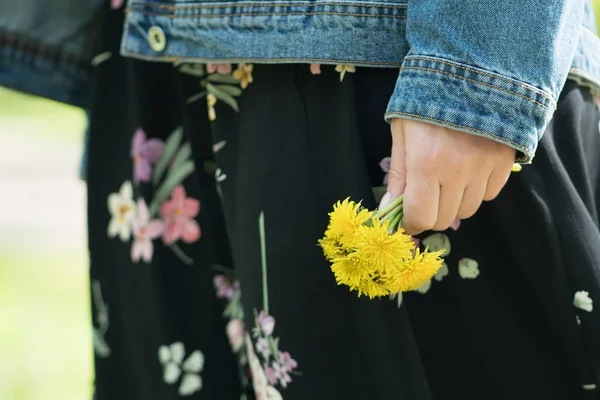 Kız sarı dandelions yakın çekimler onun elinde tutuyor