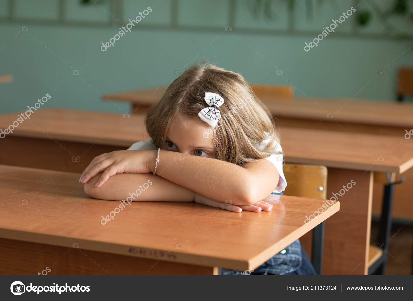 Year Old Girl Sits School Desk Stock Photo C Igor Yk 211373124