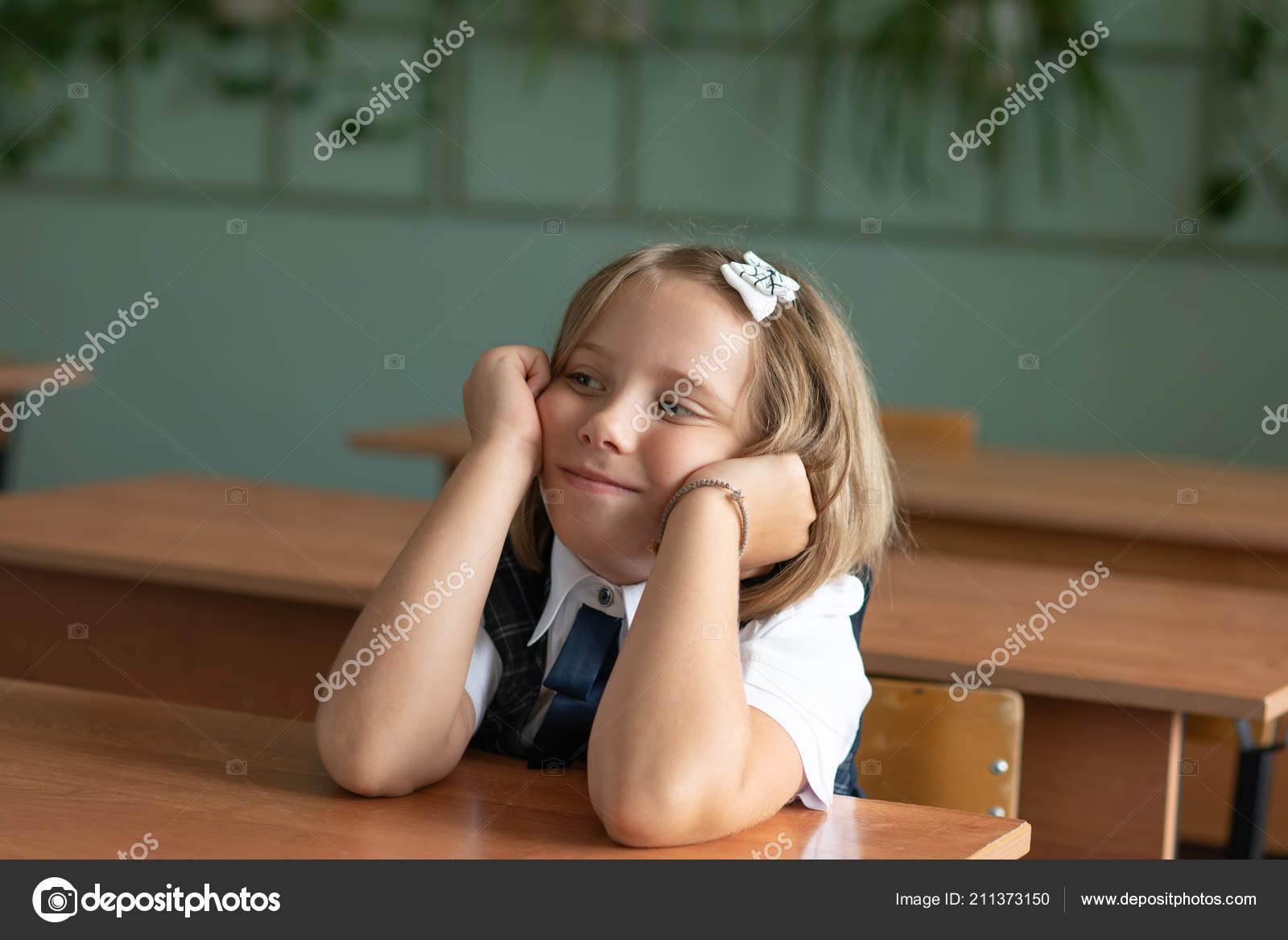 Year Old Girl Sits School Desk Stock Photo C Igor Yk 211373150