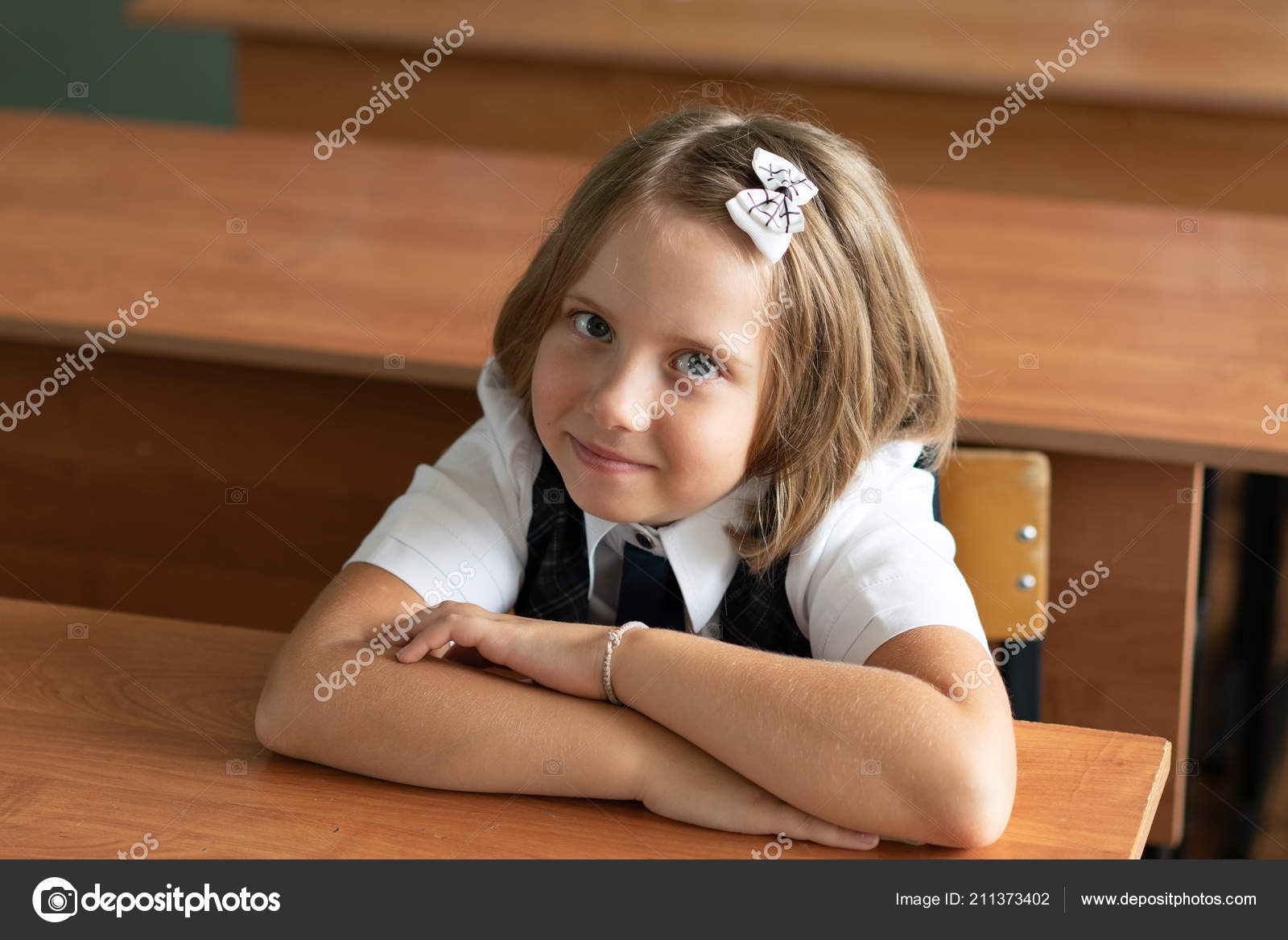 Year Old Girl Sits School Desk Stock Photo C Igor Yk 211373402