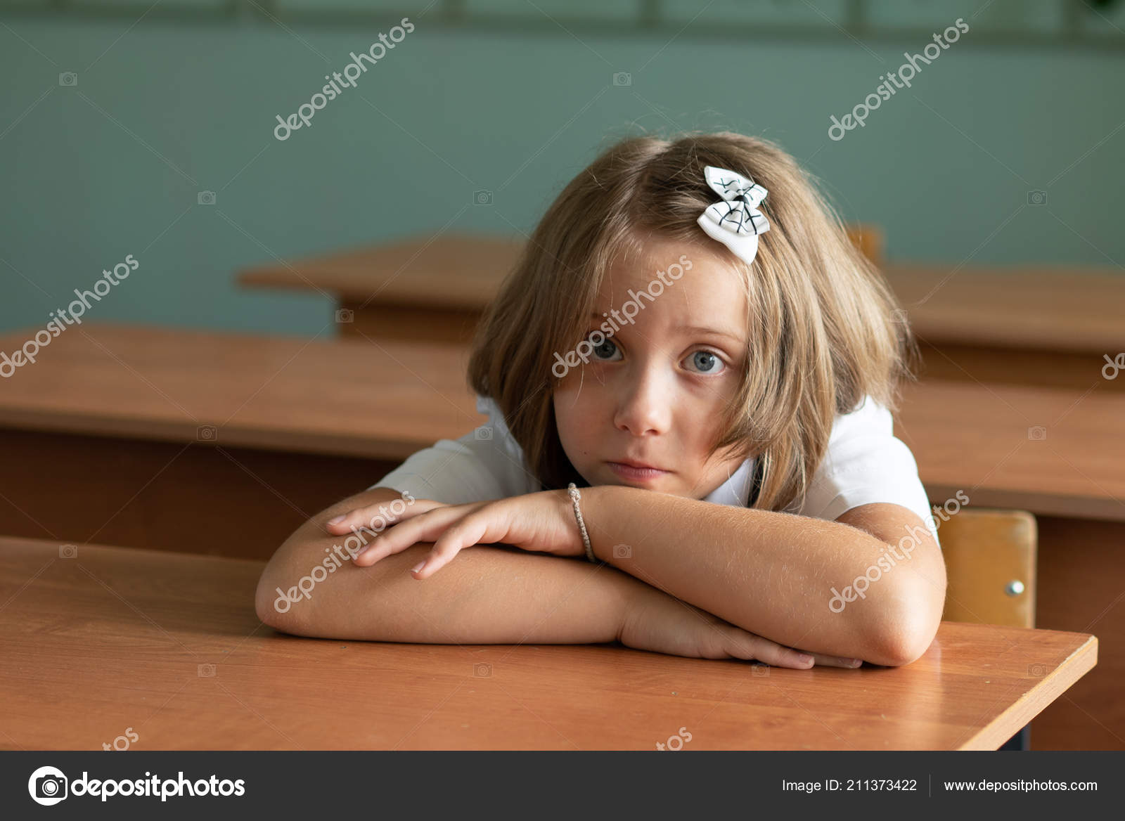 Year Old Girl Sits School Desk Stock Photo C Igor Yk 211373422