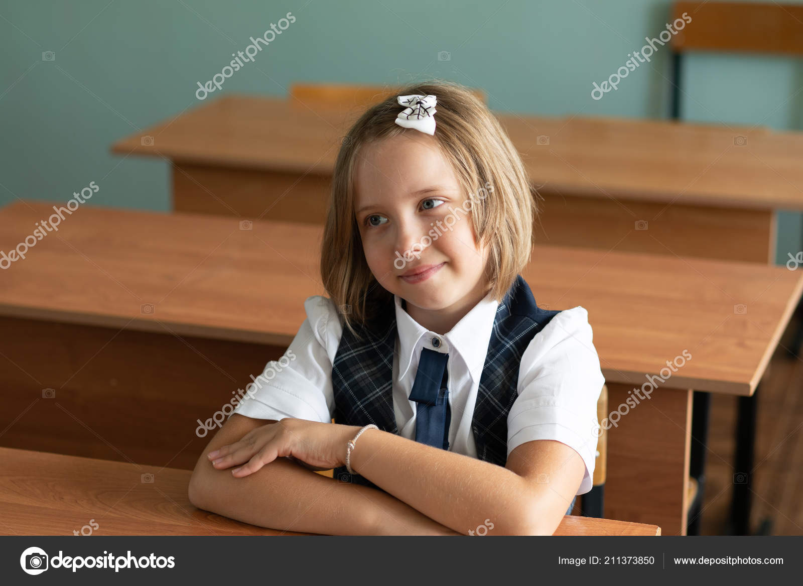 Year Old Girl Sits School Desk Stock Photo C Igor Yk 211373850