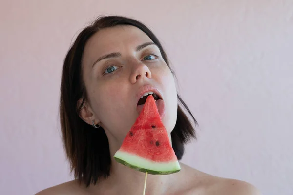 Portrait Girl Slice Watermelon — Stock Photo, Image