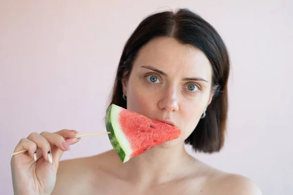 Portrait Girl Slice Watermelon — Stock Photo, Image