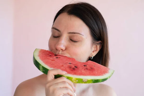 Portrait Young Beautiful Girl Holding Slice Watermelon — Stock Photo, Image