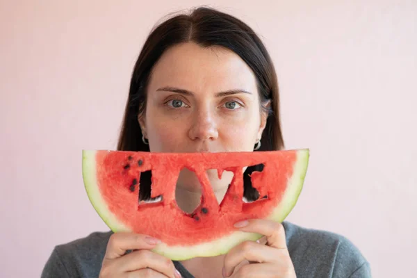 Portrait Girl Slice Watermelon — Stock Photo, Image